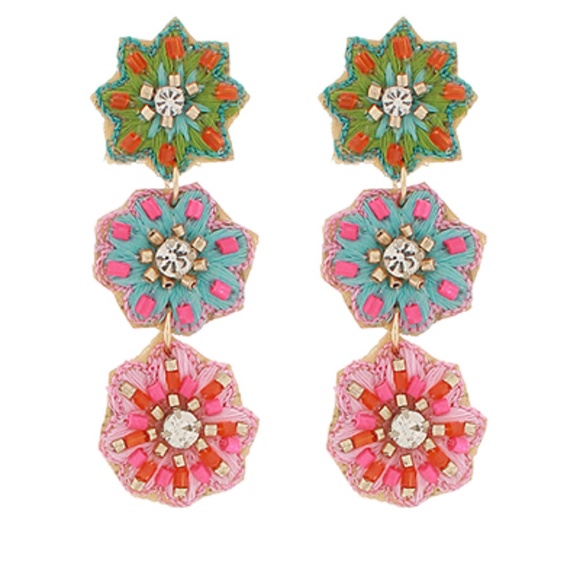 Embroidered Flower 3 Drop Earrings - Picture 2 of 3